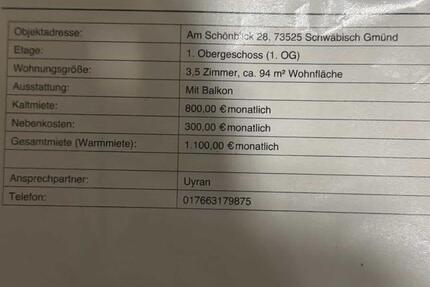 Wohnung Schwäbisch Gmünd - 1 Zimmer, 95 m&sup2;, 1.100&euro; | Angebot:24966172